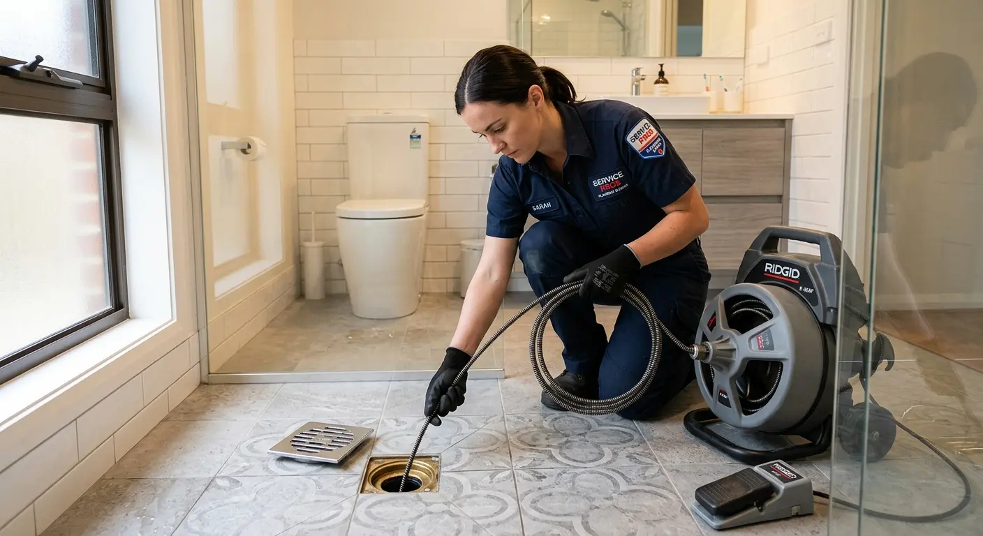 Technician clearing a bathroom floor drain for Drain Cleaning in Kaneohe
